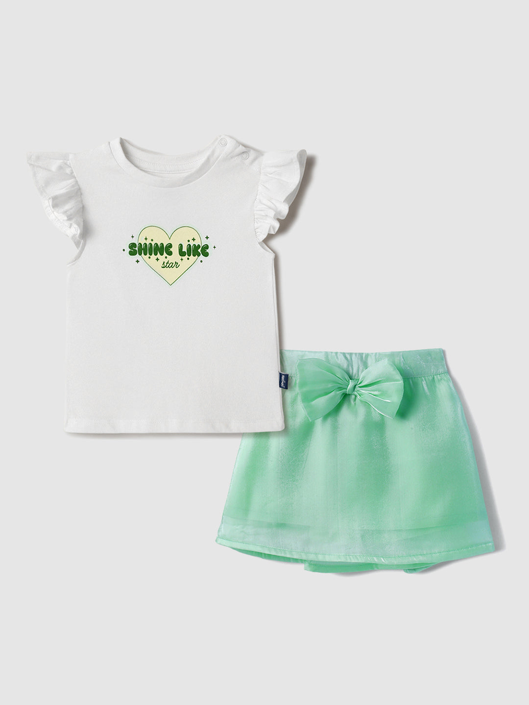 Nautinati Oraganza Green Bow Skirt With White Top Set for Girls