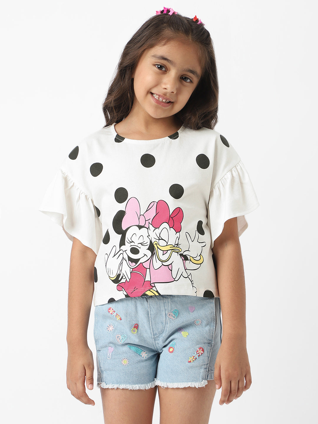 Nautinati Disney Girls Cotton Minnie Mouse & Daisy Polka Printed Flare Sleeves Top