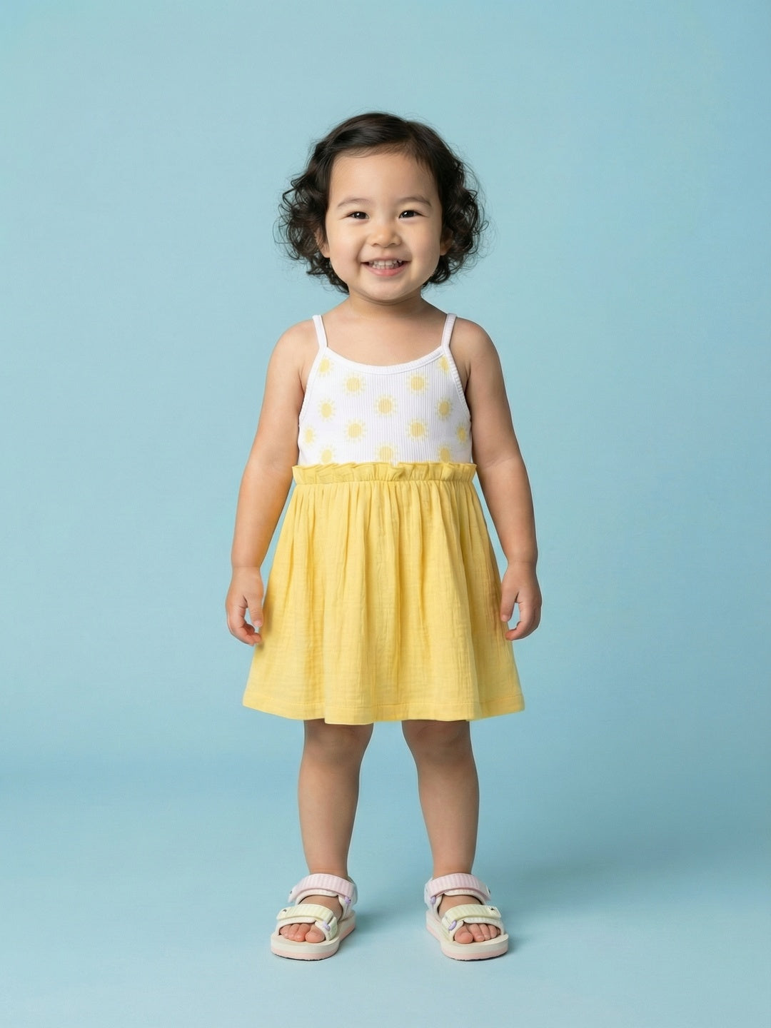 Nautinati Girls' Premium Double Cloth All-over Sun Print Fit & Flare Dress with Gathered Detail
