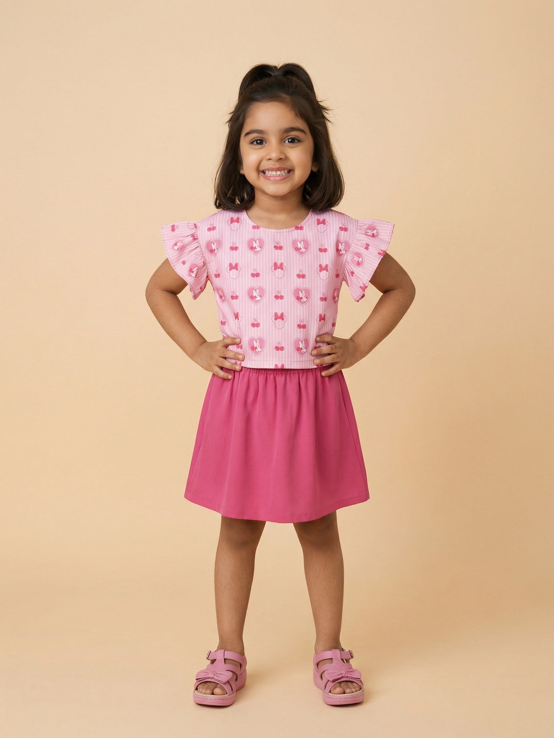 Nautinati Girls Minnie Mouse Printed Regular Fit Round Neck T-shirt and Skirt Clothing Set
