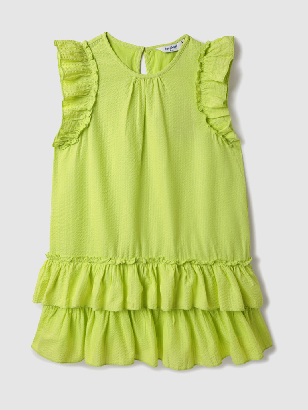 Nautinati Woven Lime Green Tiered Dress for Girls
