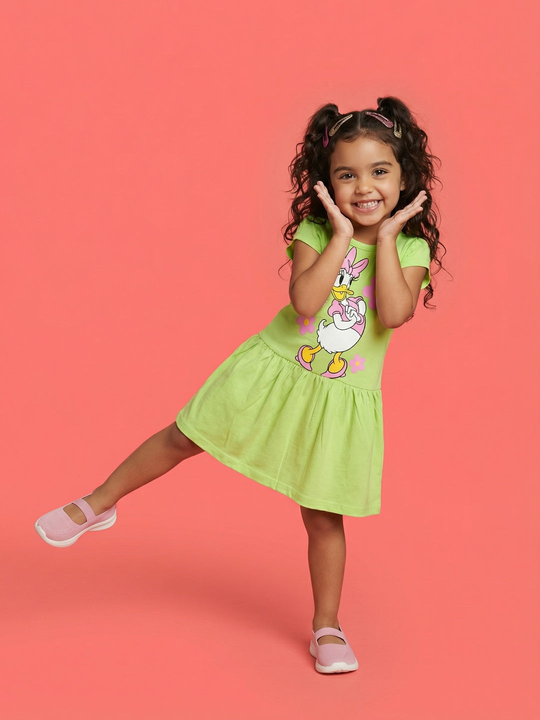 Nautinati Girls' 100% Cotton Disney Daisy Duck Floral Placement Print A-line Dress