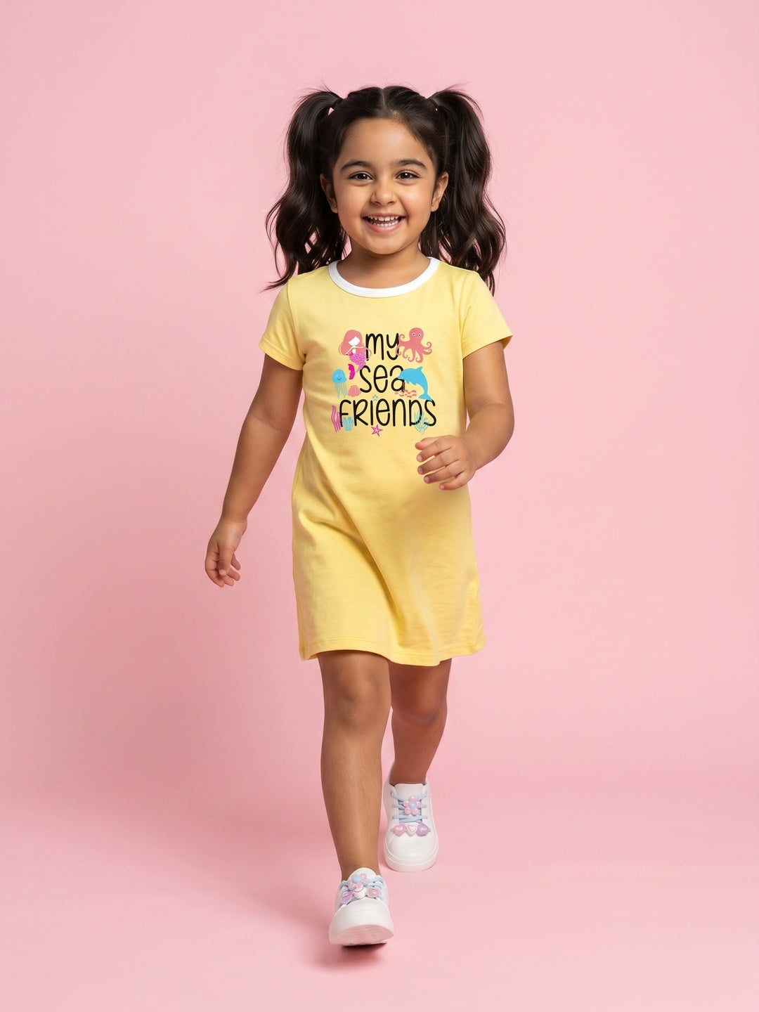 Nautinati Girls' 100% Cotton Typography & Whale, Octopus, Mermaid & Starfish Graphic Print T-shirt Dress