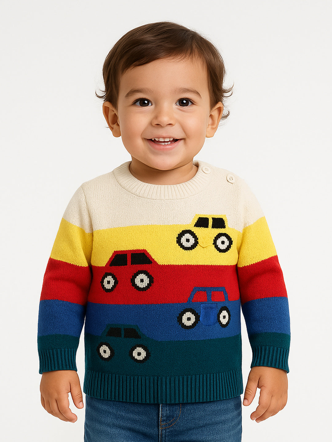 Nautinati Car Print Multicolour Flat-knit Striped Sweater for Boys