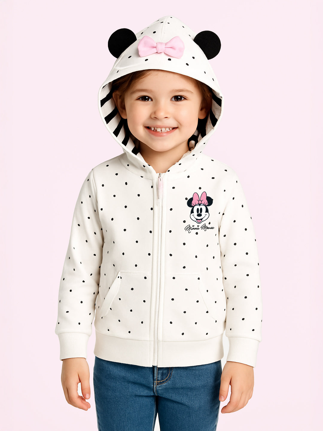 Nautinati White Minnie Mouse and Daisy Heart Print Hooded Sweatshirt for Girls