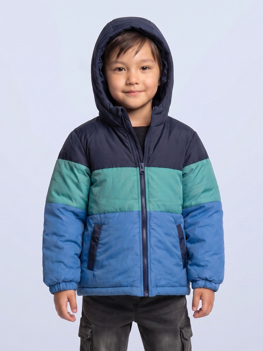 Nautinati Boys Hooded Colourblock Puffer Jacket with Front Zip, Regular Fit