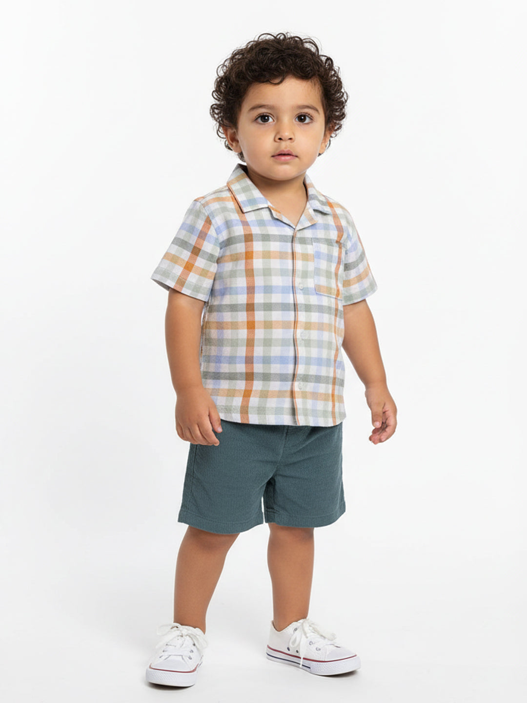 Nautinati Green Shorts With Yellow Chequered Shirt Set For Boys