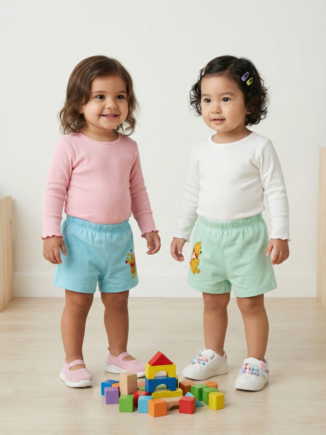 Nautinati Baby Girls' 100% Cotton Pack of 2 Disney Winnie the Pooh Placement Print Shorts