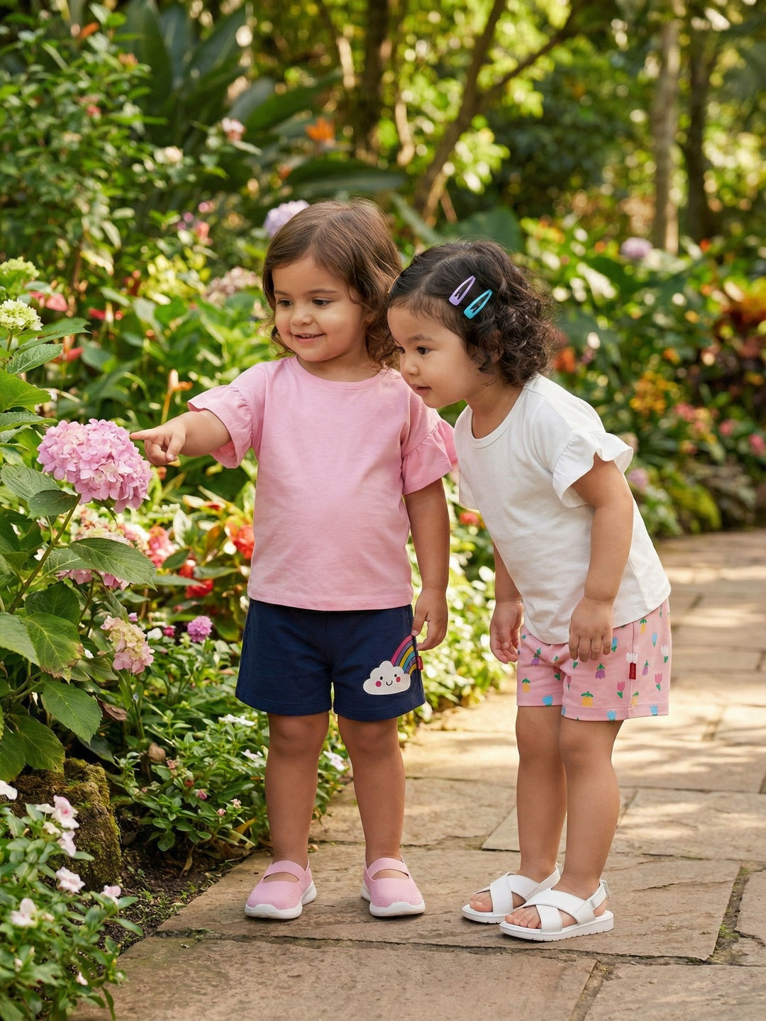 Nautinati Baby Girls' 100% Interlock Cotton Pack of 2 Flower All-over & Rainbow Placement Print Shorts