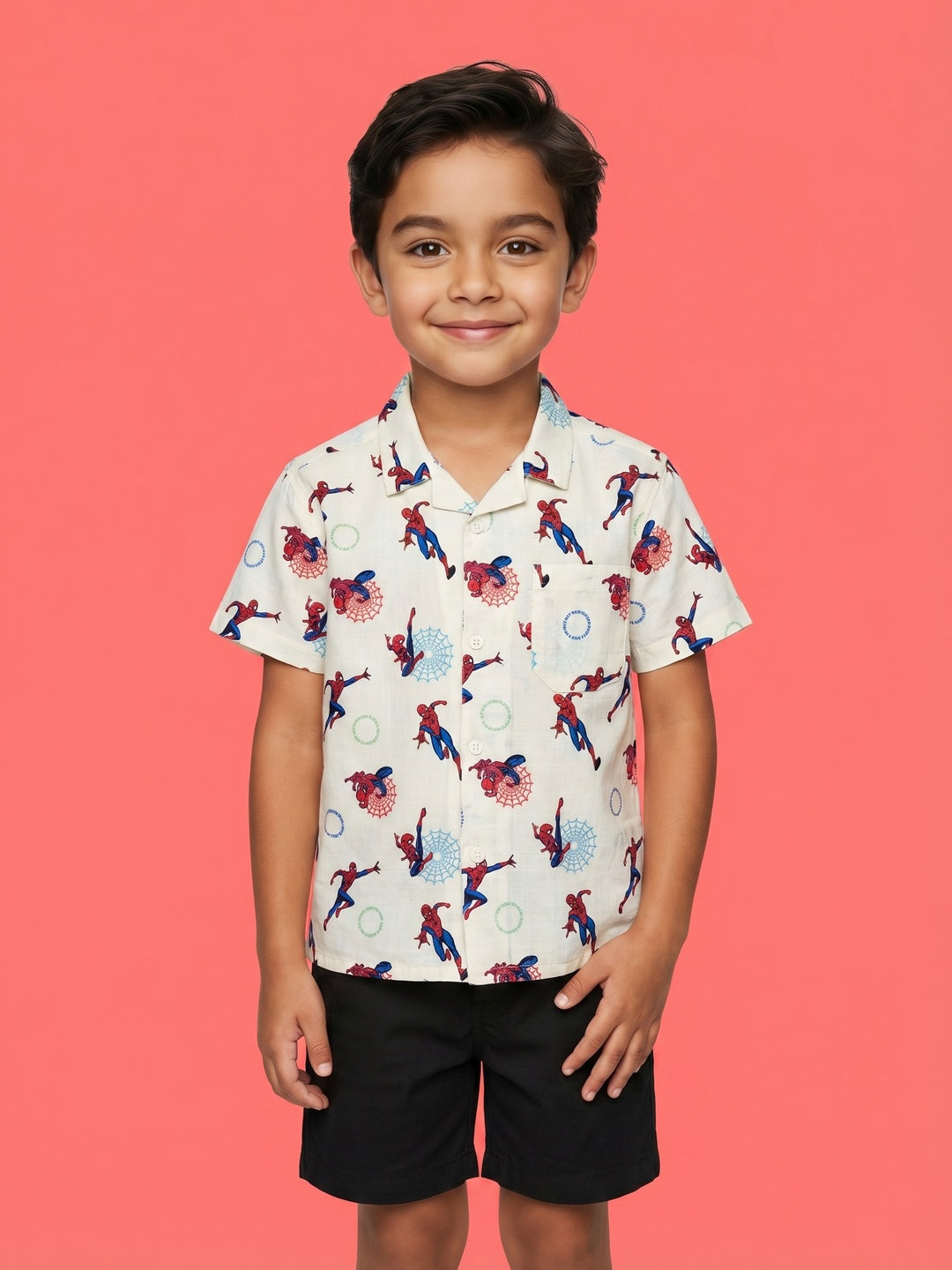 Nautinati Boys Spiderman Printed Regular Fit Resort collar shirt and Shorts Set