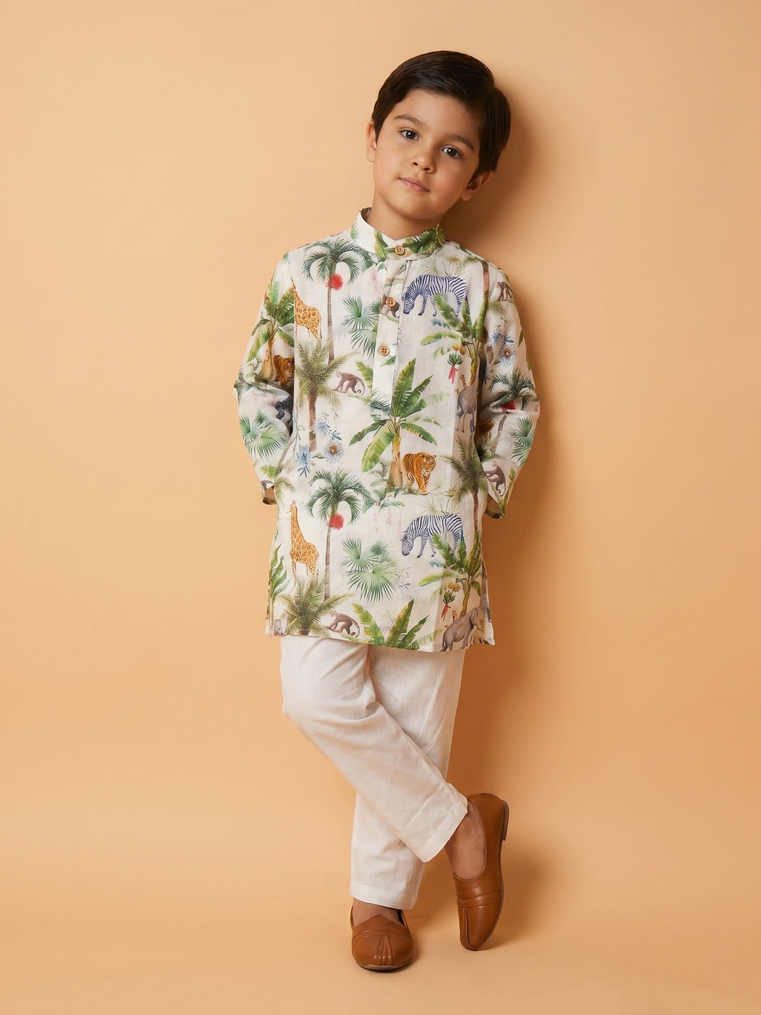 Boys' 100% Cotton Festive Resort Style Printed Kurta & Solid Pyjama Set
