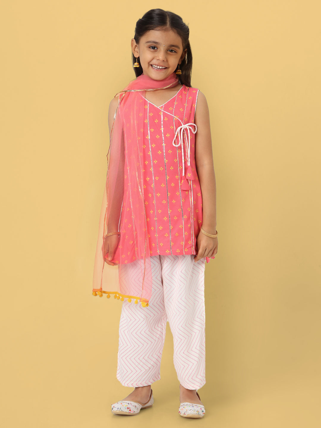 Nautinati Girls' Printed Sleeveless Kurta Set with Dupatta