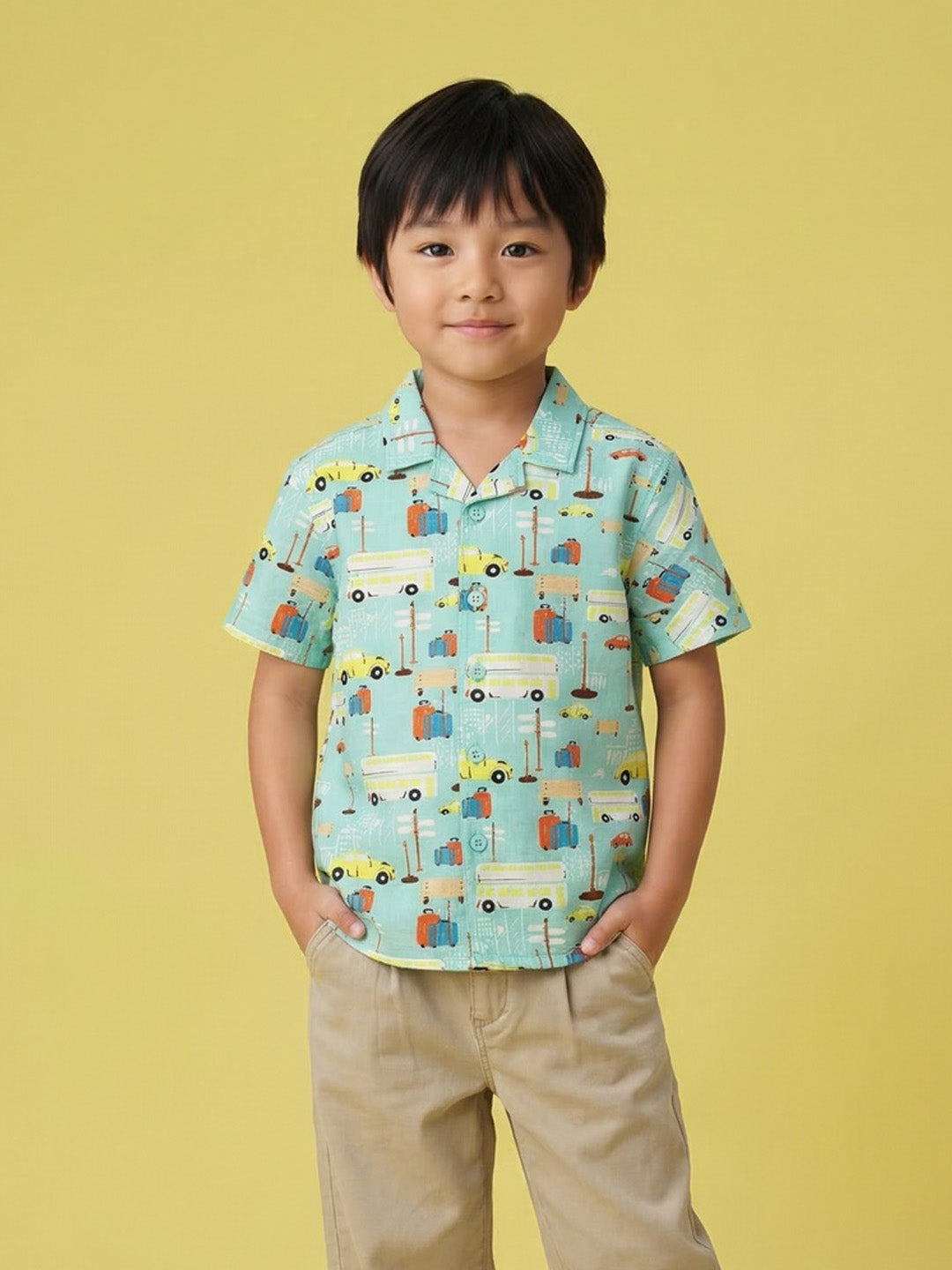 Nautinati Boys' 100% Cotton Cars Graphic Printed Resort Shirt