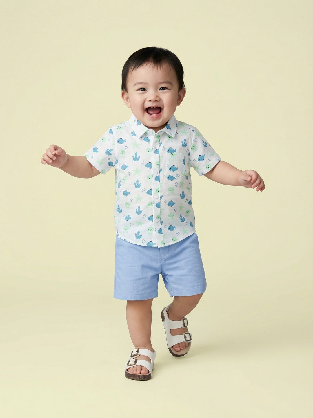 Nautinati Boys' Cotton All-over Sea Animal Printed Shirt and Shorts Co-ord Set