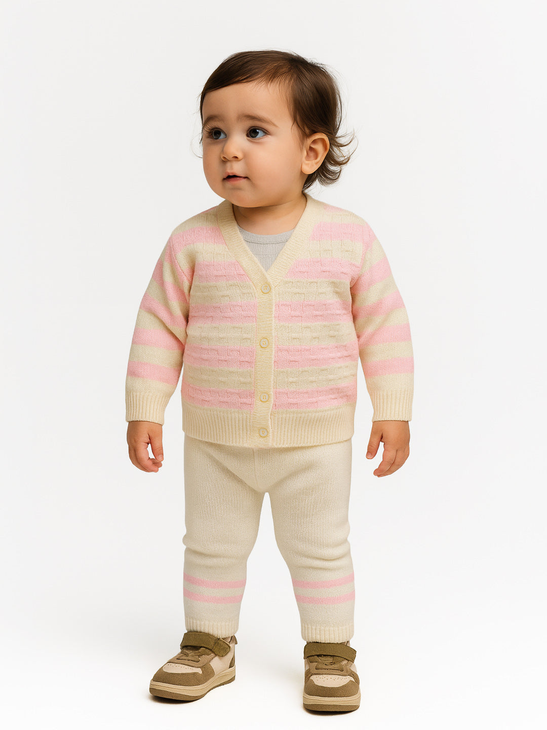 Nautinati Pink And White Sweater Set With Cap For Infant Girls