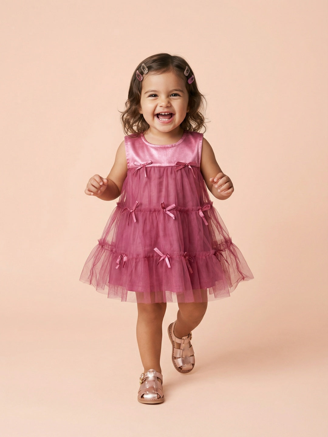 Nautinati Baby Girls' A-line Tiered Mesh Solid Party Dress with Bows & Cotton Lining