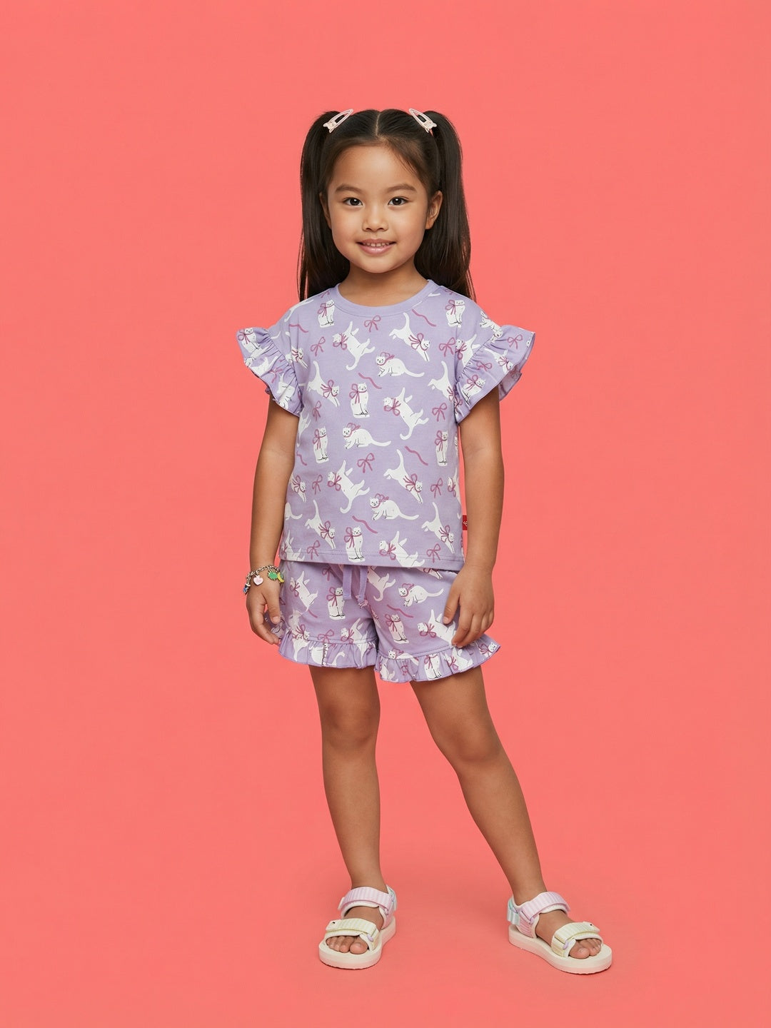 Nautinati Girls All Over Cat Printed Cotton T-shirt and Shorts Co-ord Set