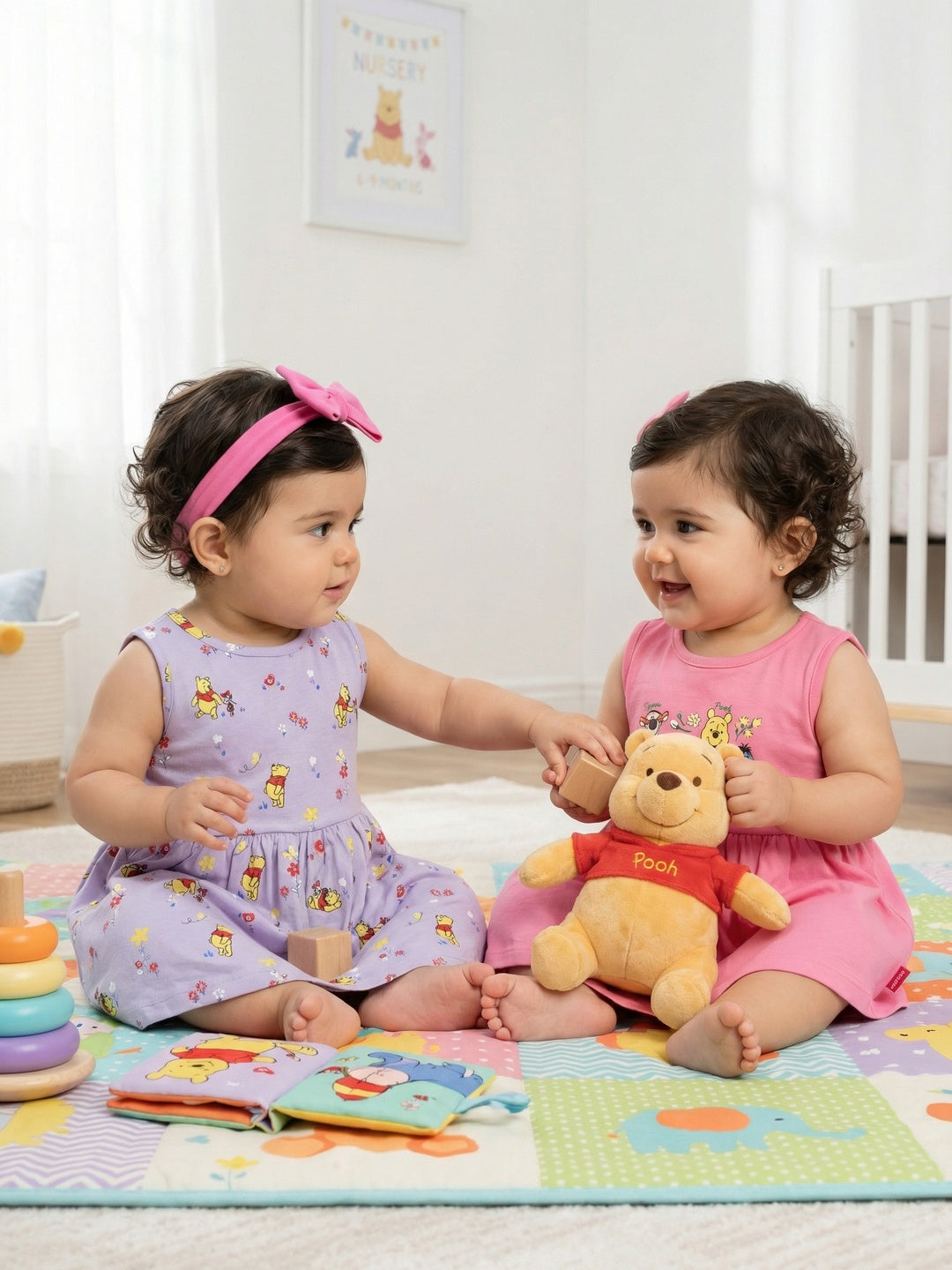 Nautinati Baby Girls' 100% Cotton Pack of 2 Disney Winnie the Pooh All-over & Placement Print Dresses