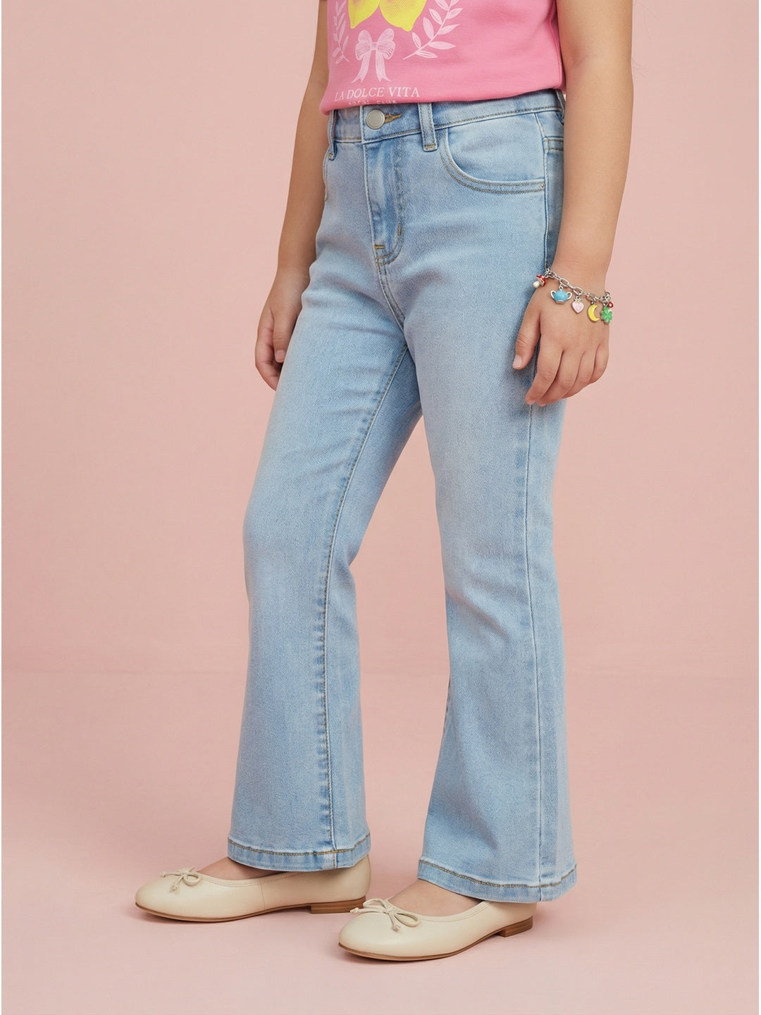 Nautinati  Girls' 100% Cotton Stretchable Bootcut Ice-blue Wash Essentials Jeans