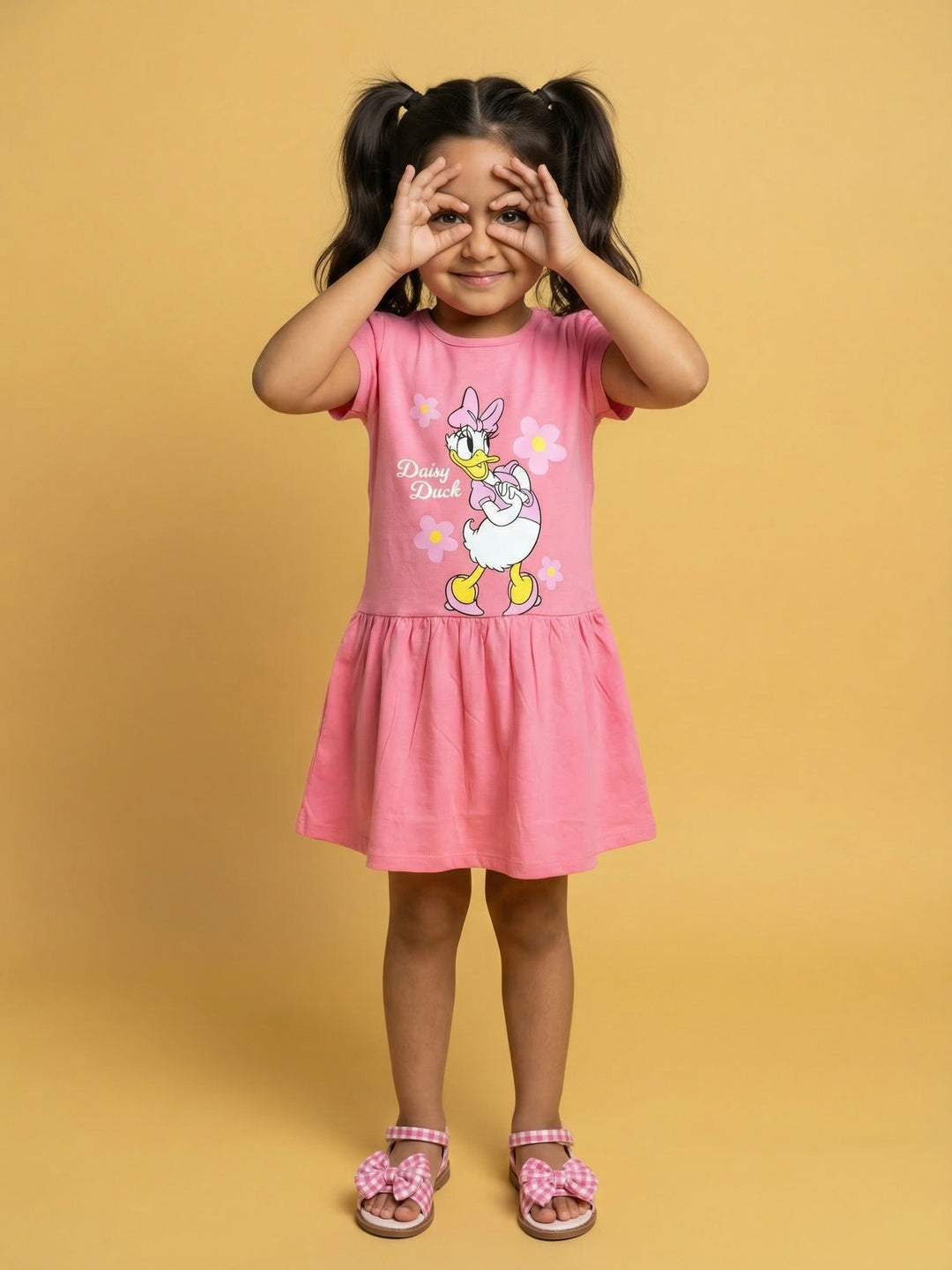 Nautinati Girls' 100% Cotton Disney Daisy Duck Floral Placement Print A-line Dress