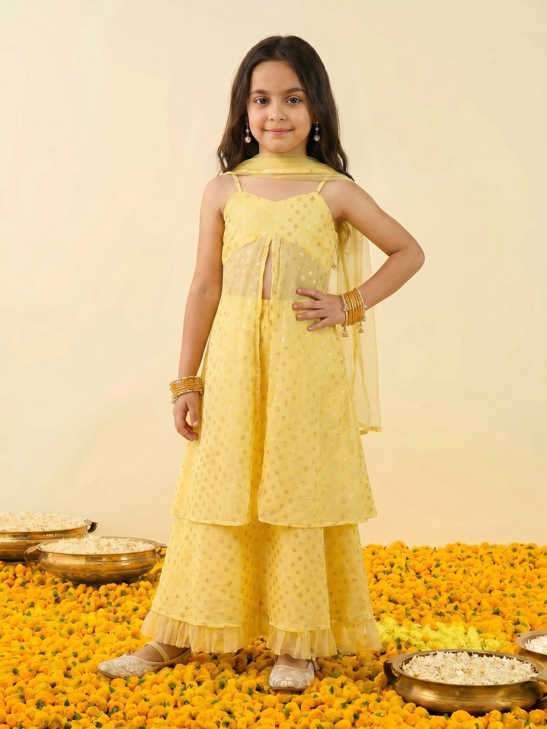 Nautinati Girls' Georgette Blend Ready-to-wear All-over Gold Toned Foil Print Lehenga & Blouse with Net Dupatta