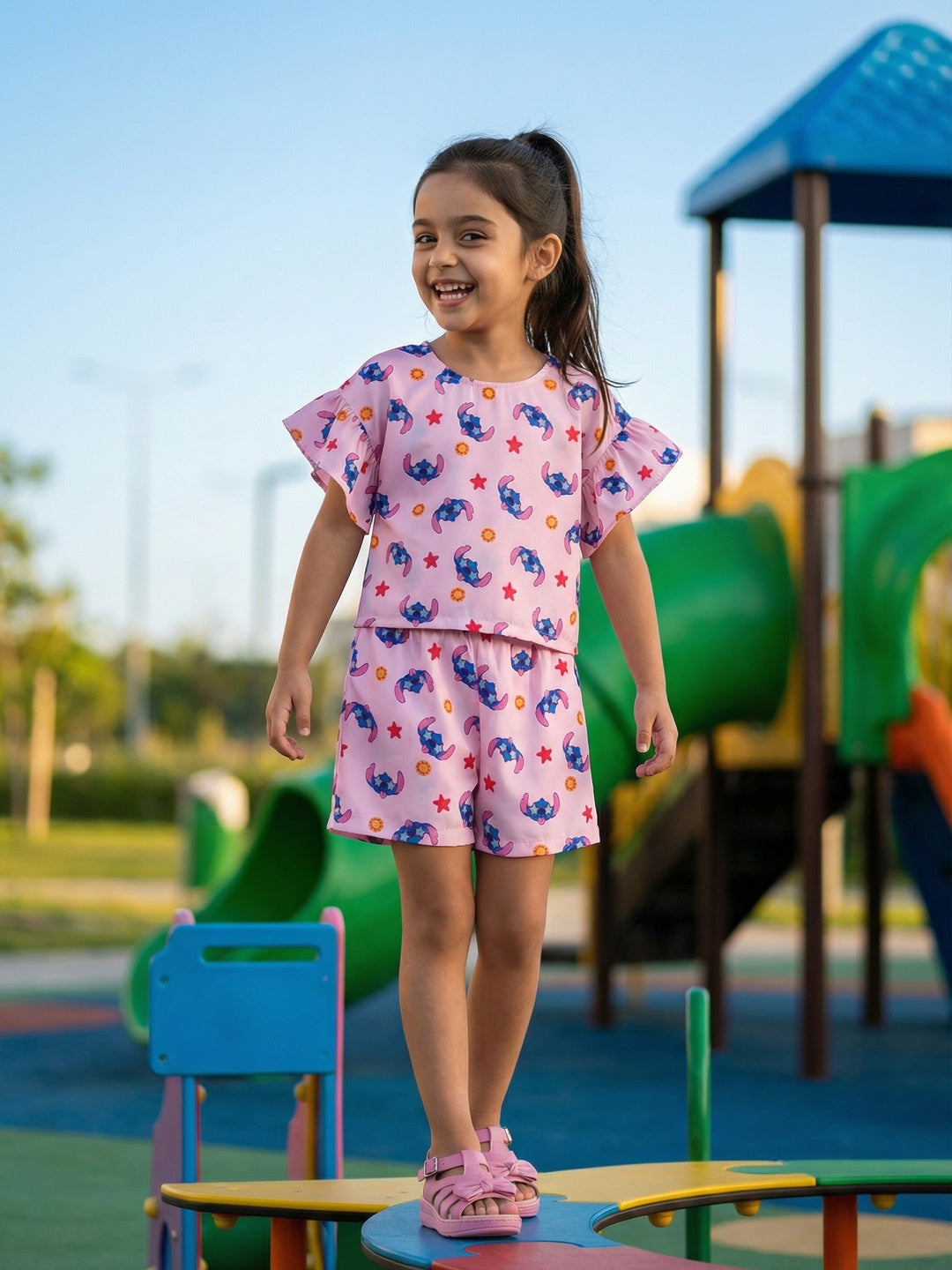 Nautinati Girls Lilo & Stitch Printed Regular Fit Round Neck T-shirt and Shorts Co-ord Set