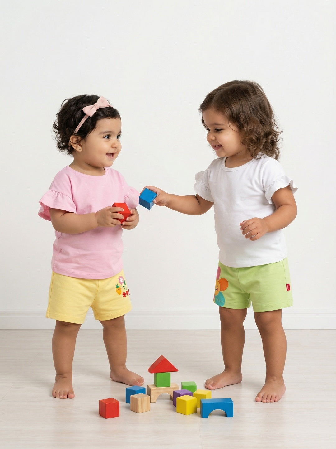 Nautinati Baby Girls' 100% Interlock Cotton Pack of 2 Tropical Flower & Fruit Placement Print Shorts