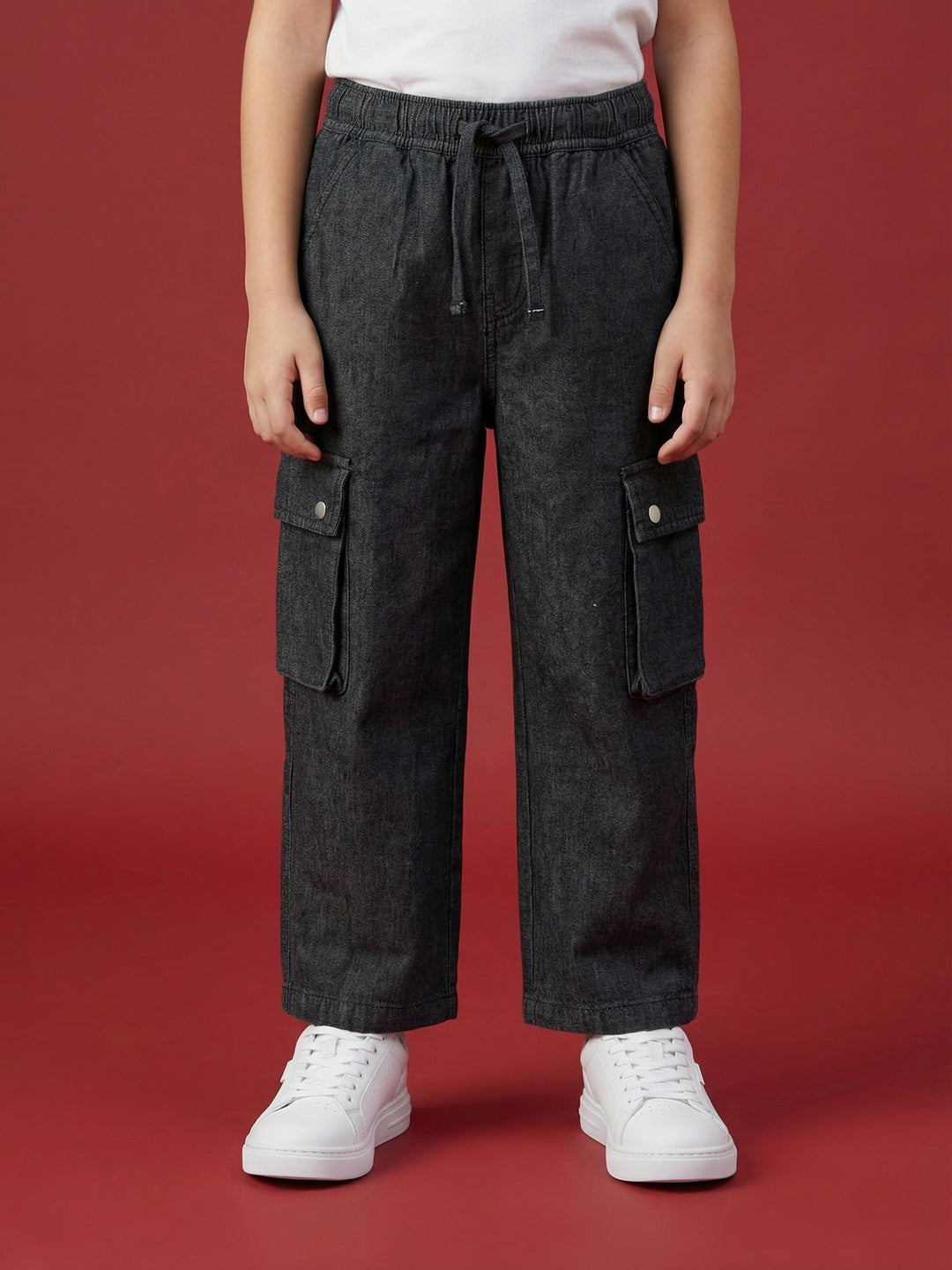 Nautinati Girls' 100% Cotton Baggy Solid Wide-leg Cargo Jeans
