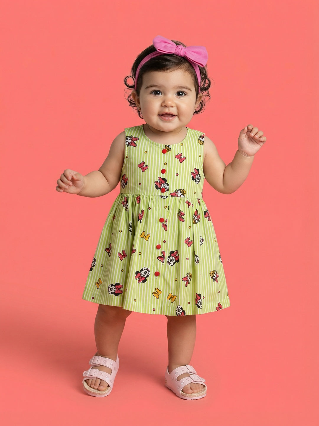 Nautinati Baby Girls' 100% Cotton All-over Disney Minnie Mouse Print & Striped Fit & Flare Dress