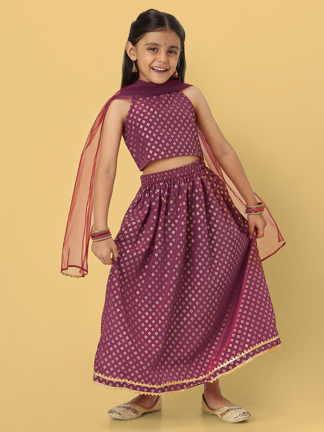 Nautinati Girls' Printed Sleeveless Lehenga Set with Dupatta