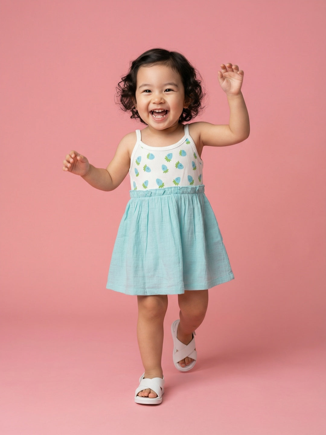 Nautinati Girls' 100% Cotton All-over Strawberry Print Fit & Flare Dress with Gathered Waistline