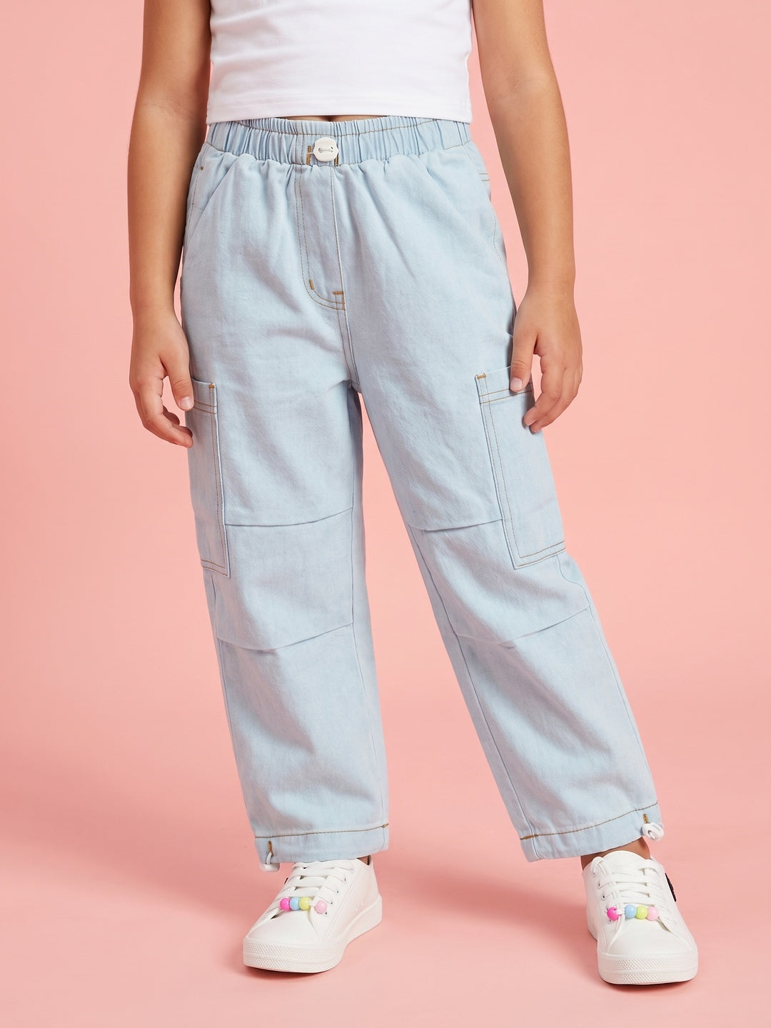 Nautinati Girls' Solid Loose fit Denim Cargo Jeans with Cargo Pockets