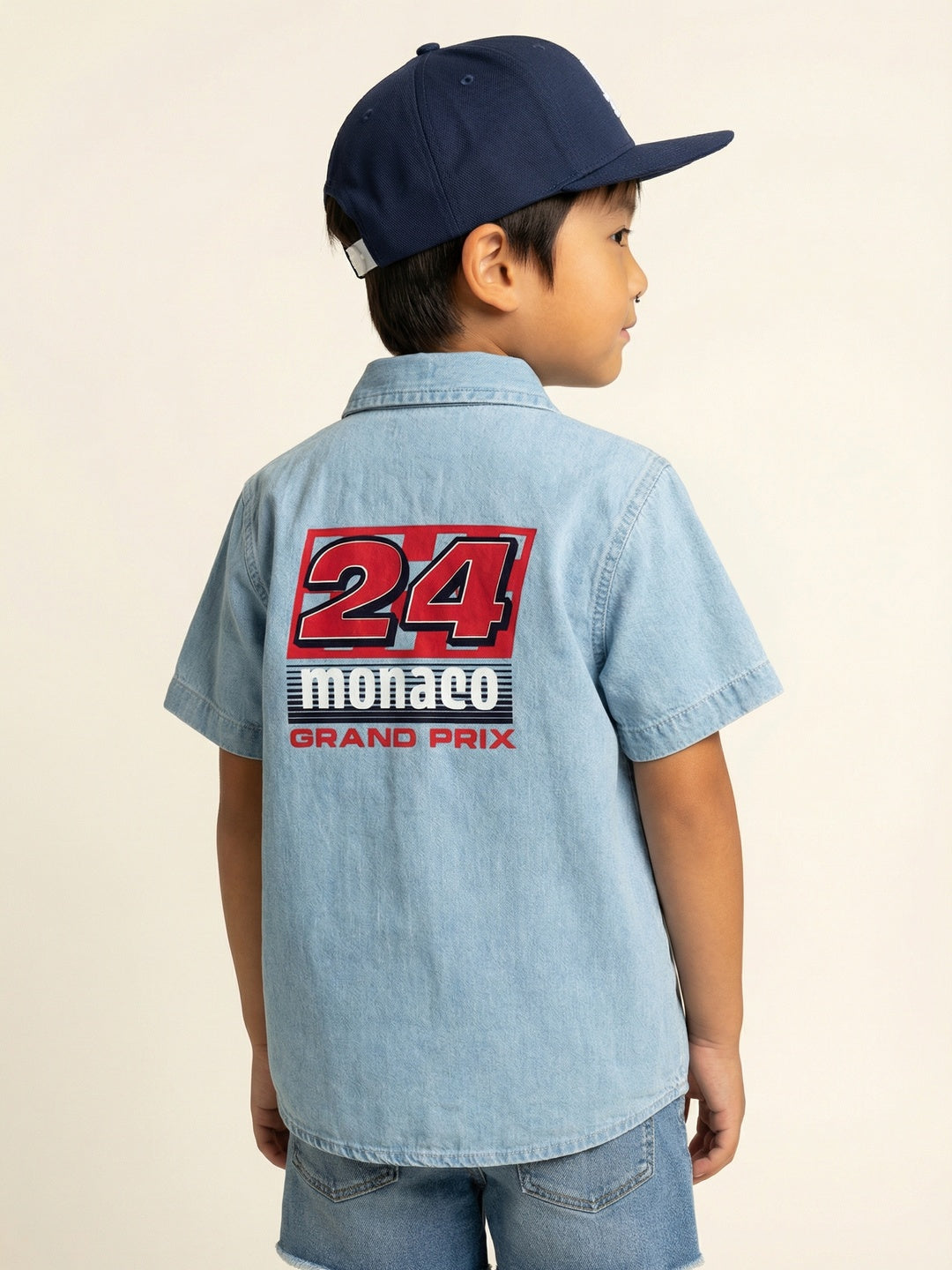 Nautinati Boys' 100% Cotton Racing Front & Back Placement Print Denim Shirt
