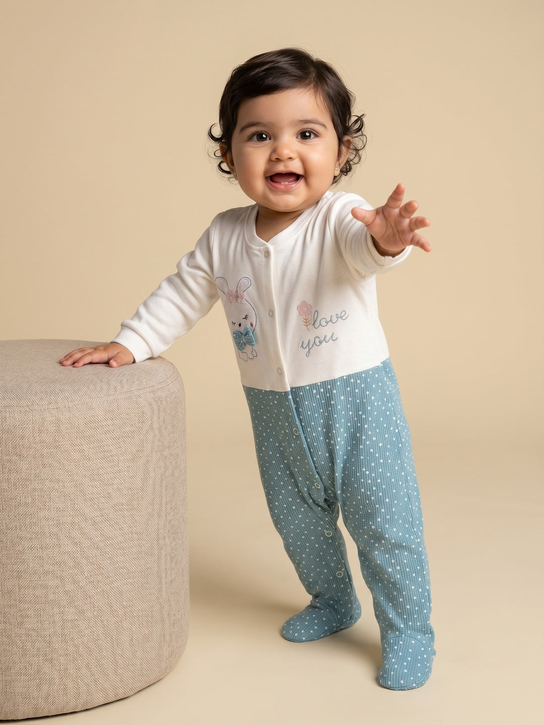 Nautinati Baby Girls' Cotton All-over Polka Printed Sleepsuit with Snap Buttons