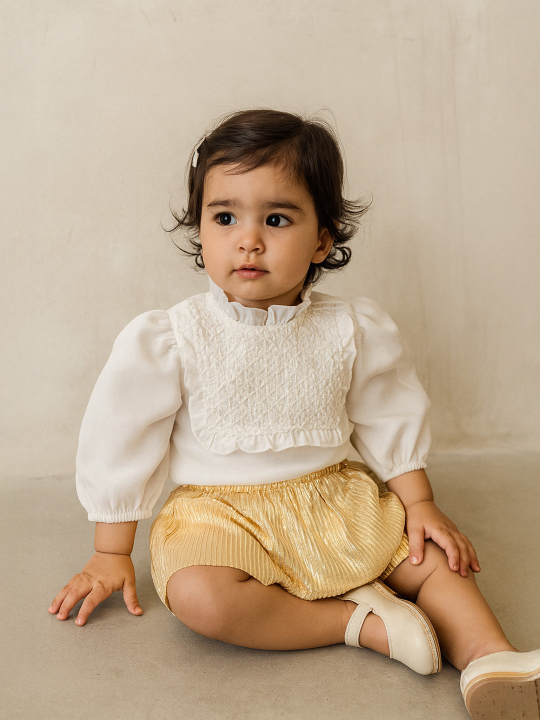 Nautinati White Embroidered Top And Gold Pleated Foil Skirt Set For Girls