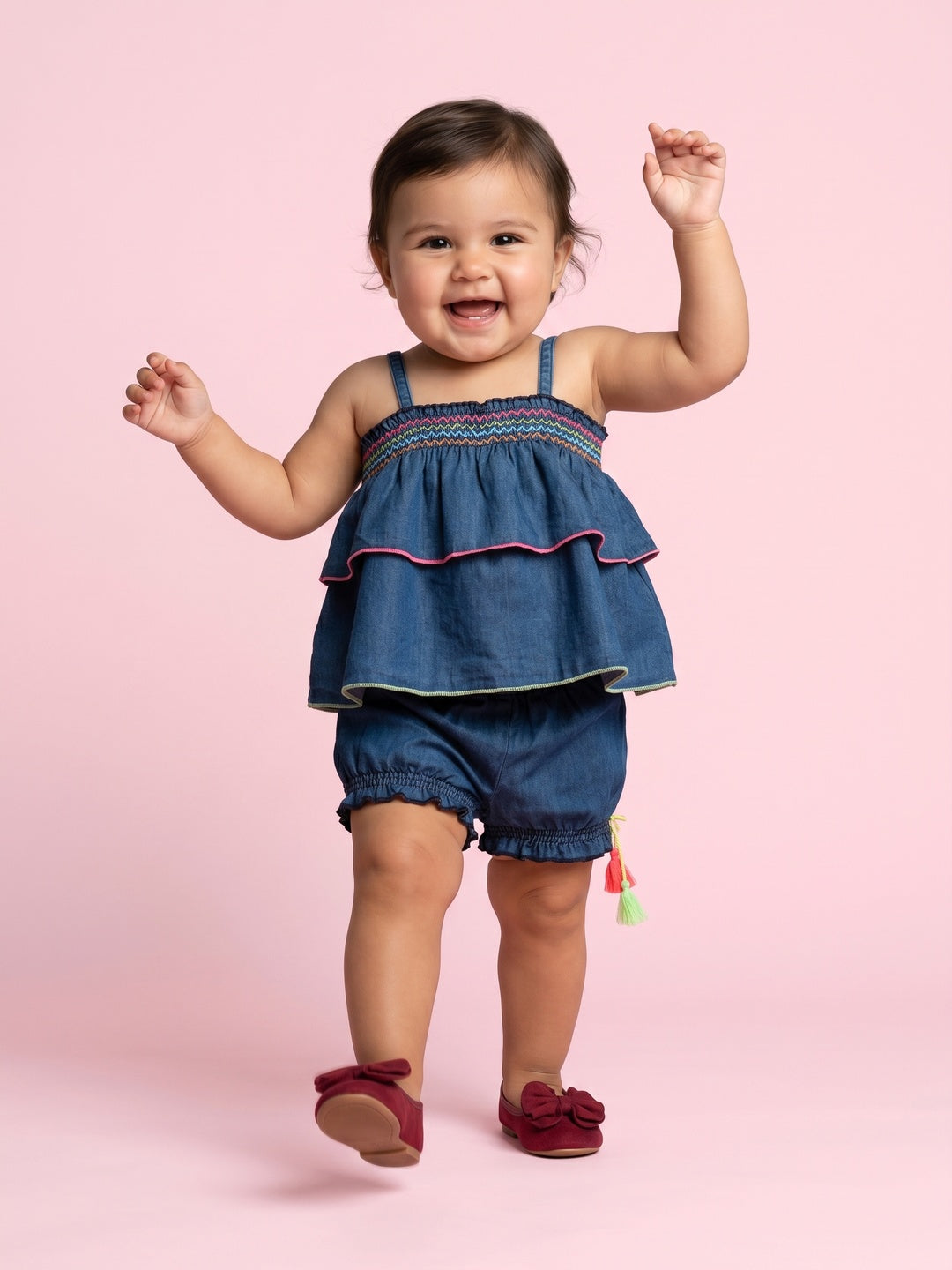 Nautinati  Girls' Denim Hem Embroidered Smocked Strappy Top & Shorts