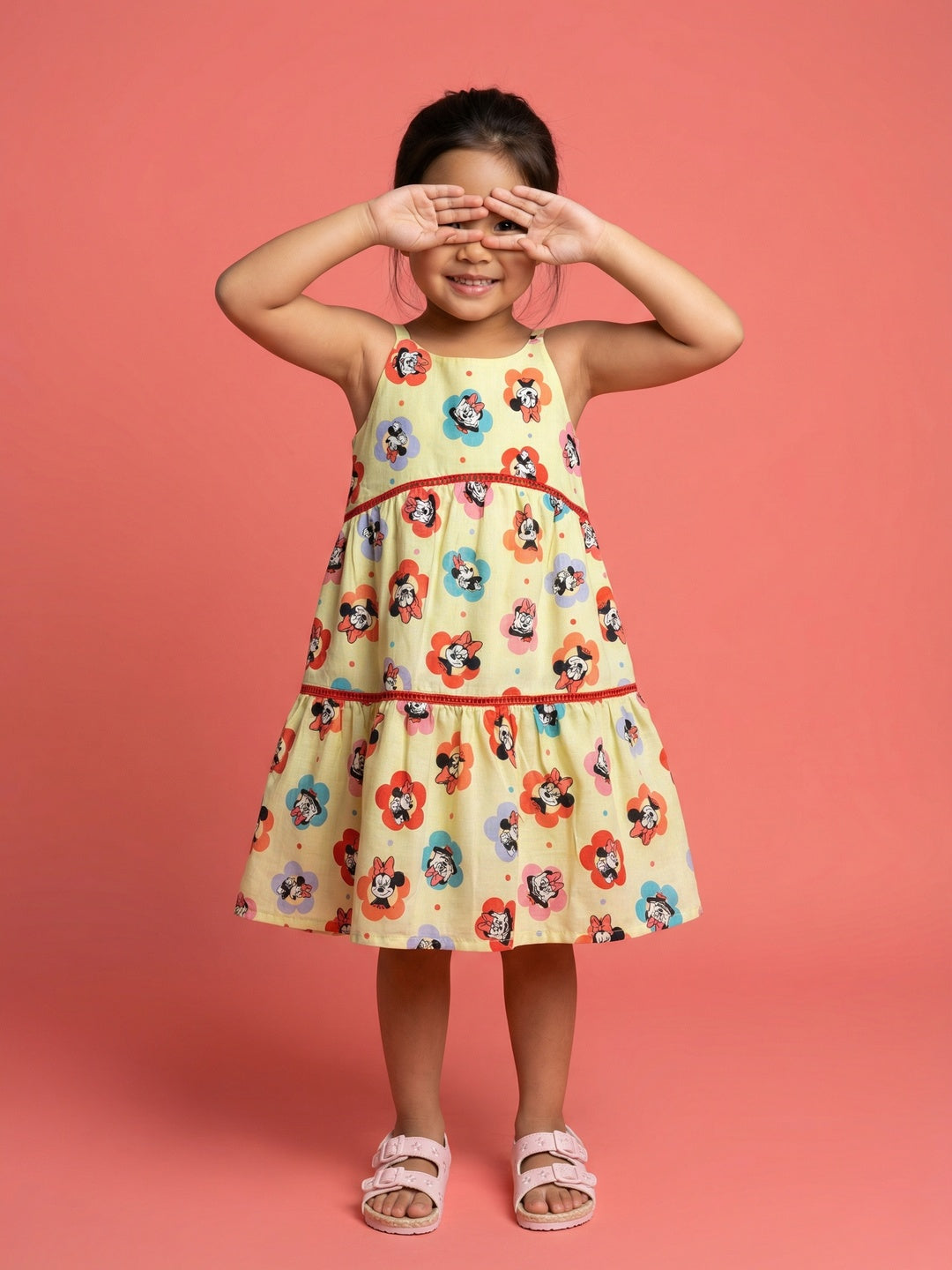 Nautinati Girls' 100% Cotton All-over Disney Minnie Mouse Floral Printed A-line Tiered Dress with Ladder Lace Design