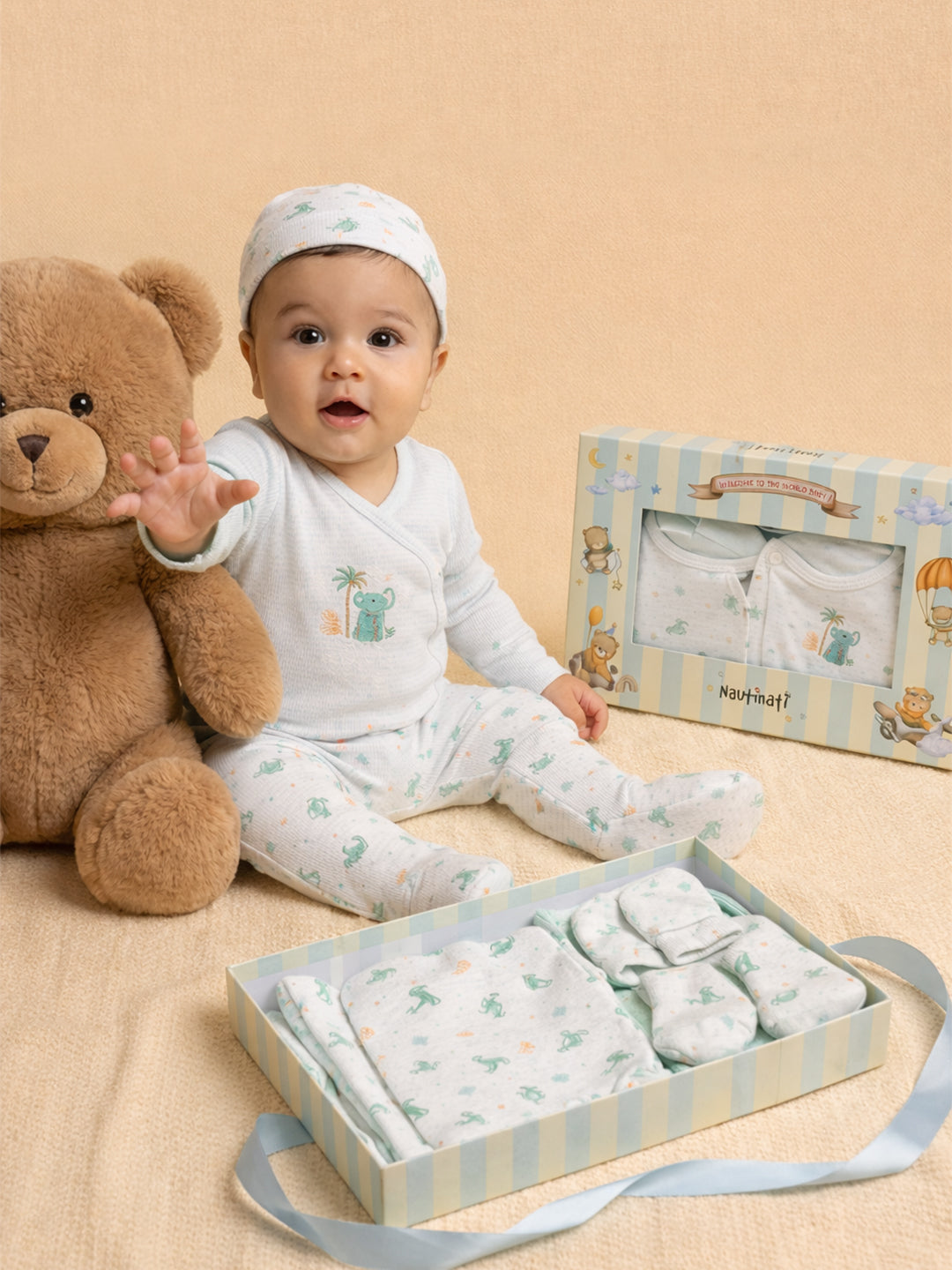 Nautinati Baby Boys' 100% Cotton White Graphic Printed 5-pieces Gift Set