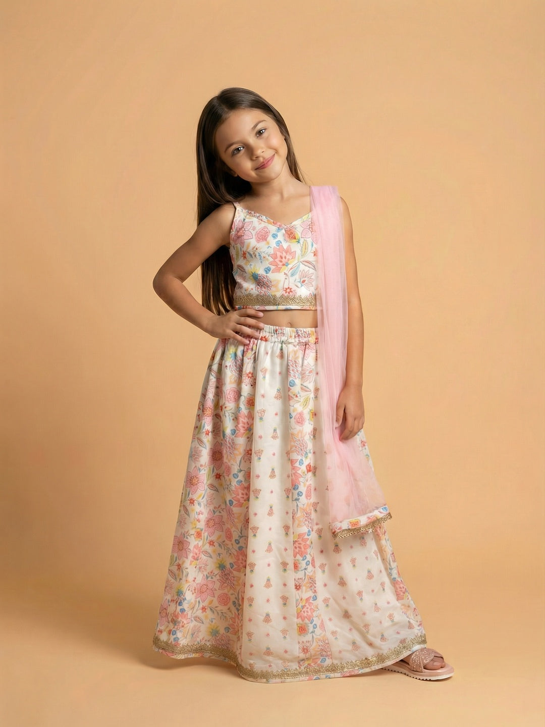 Nautinati Girls' Cotton Blend Woven Festive Floral Print Lehenga & Choli Set