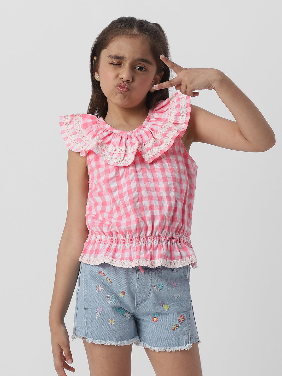 Nautinati Girls Cotton Peterpan Collar Sleeveless Gingham Checks Top