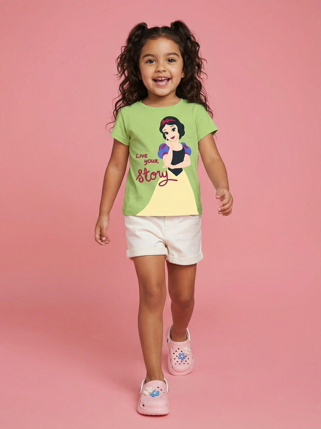 Nautinati Girls' 100% Cotton Crew Neck Disney Snow White Placement Print T-shirt