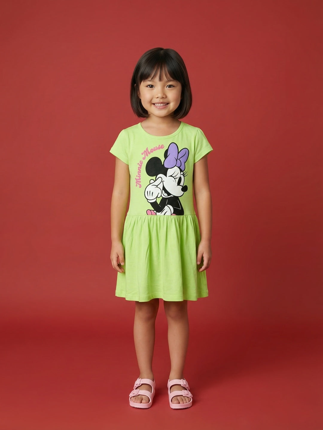 Nautinati Girls' 100% Cotton Disney Minnie Mouse Placement Print A-line Dress