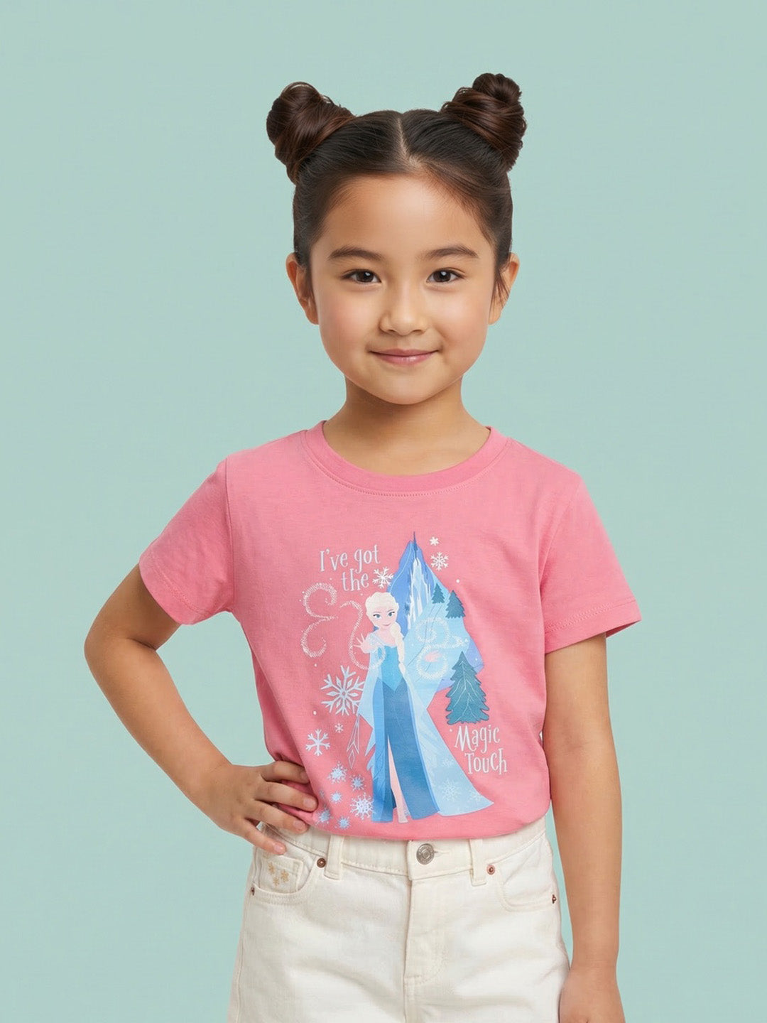 Nautinati Girls' 100% Cotton Crew Neck Disney Frozen Elsa Placement Print T-shirt