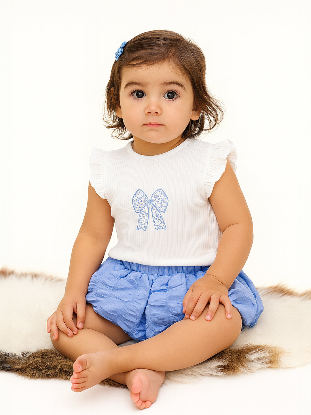 Nautinati White Printed Top And Blue Balloon Skirt For Girls