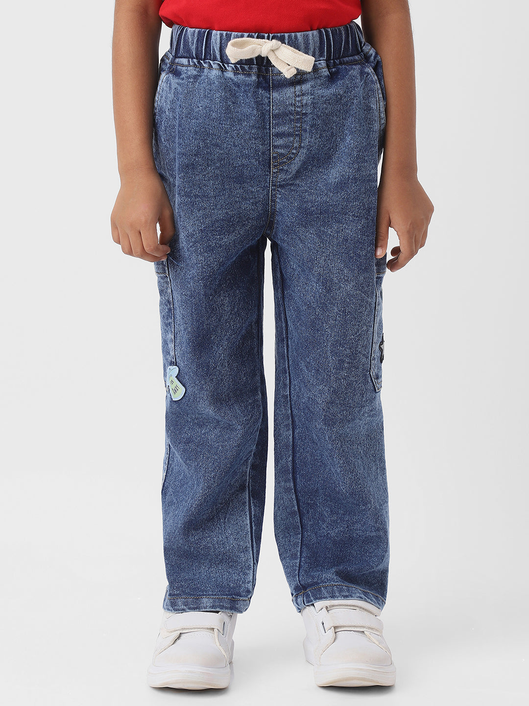 Nautinati Boys Cotton Denim Ankle Length Cargo Jeans with Embroidery Details