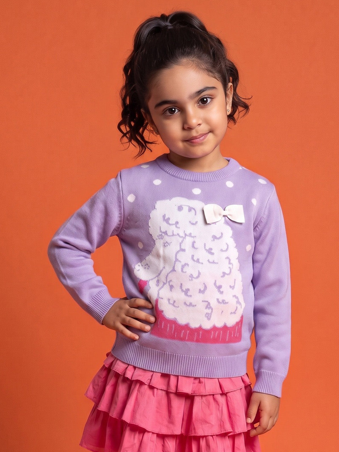 Nautinati Girls Relaxed Fit Poodle & Polka  Round Neck Jacquard Knit Sweater
