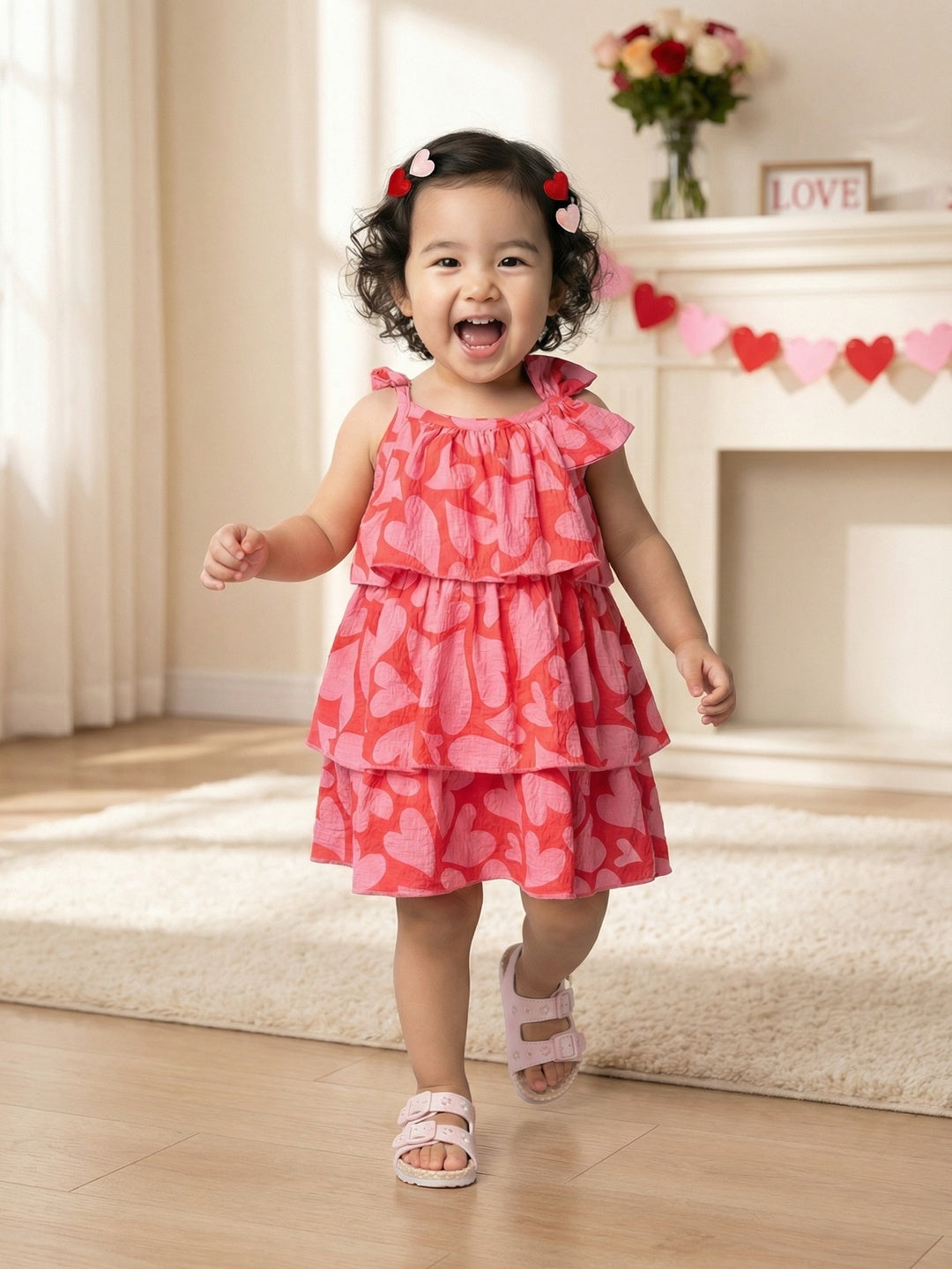 Nautinati Baby Girls All-over Heart Print A-line Strappy Tiered Dress with Bow