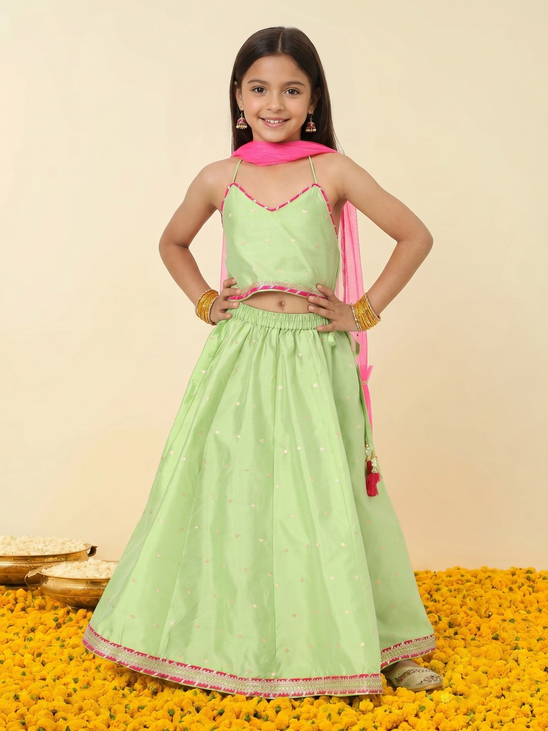 Nautinati Girls' All-over Gold Print Lehenga Choli Set with Net Dupatta & Gotta Patti Details