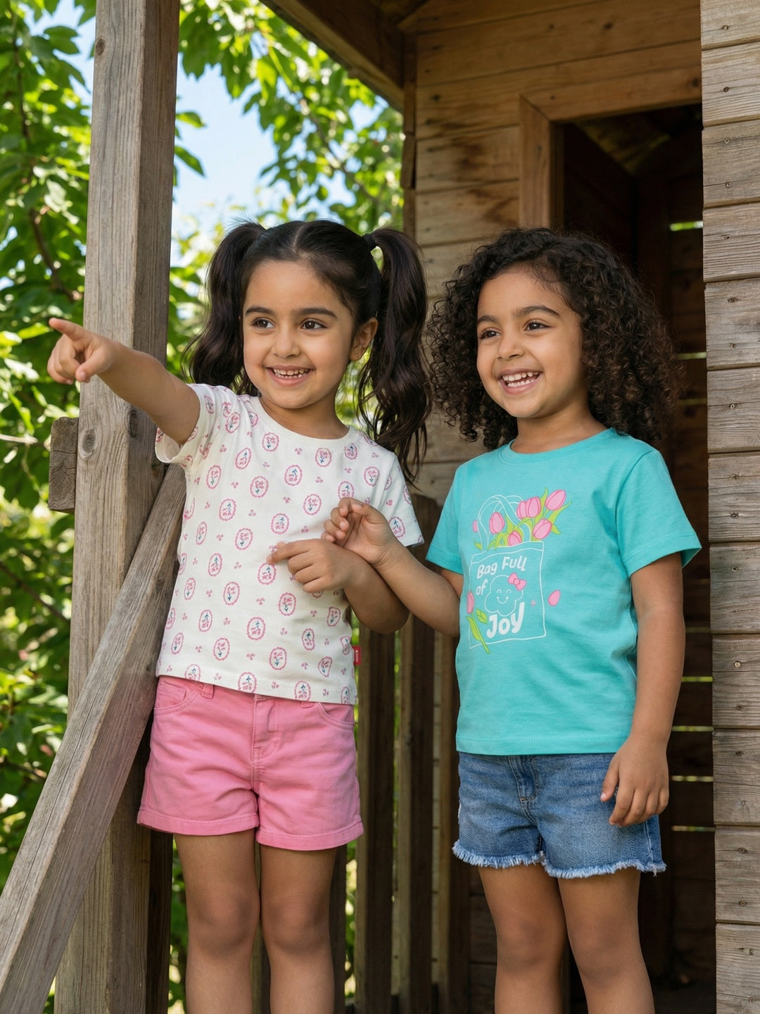 Nautinati Girls' 100% Cotton Pack of 2 Graphic & All-over Floral Print Crew Neck T-shirts