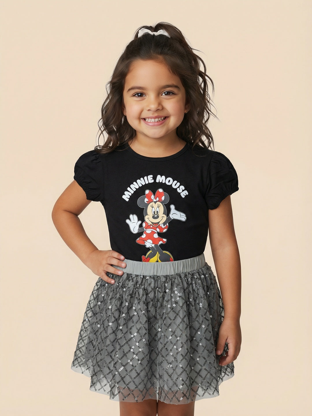 Nautinati Girls Minnie Mouse Printed Regular Fit Round Neck T-shirt and Skirt Co-ord Set